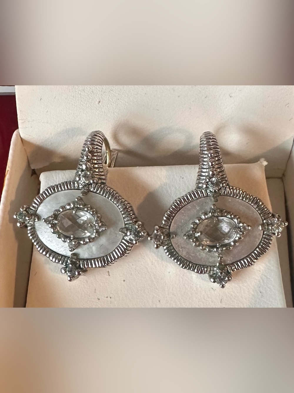 Judith Ripka Sterling Silver diamondique mother of pearl rare drop earrings